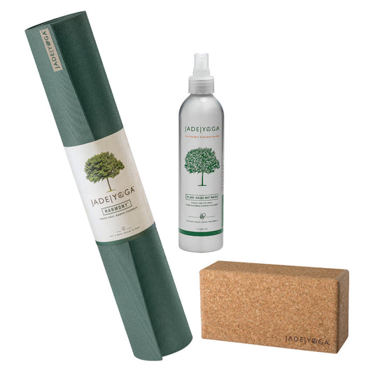 Jade Yoga Harmony Mat - Jade Green & Jade Yoga Cork Yoga Block - Small + Jade Yoga Plant Based Mat Wash - 8 oz Starter Kit