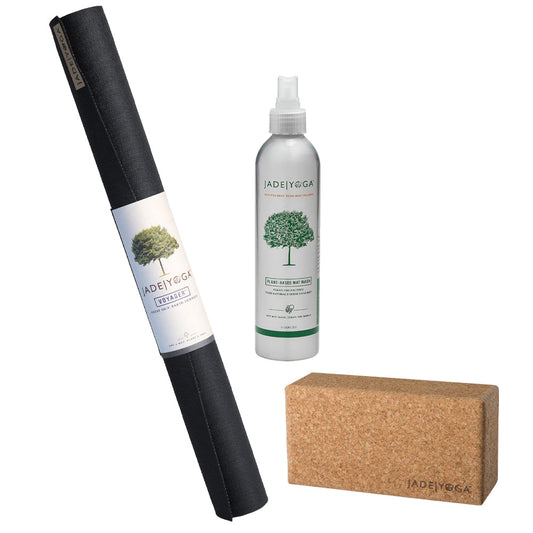 Jade Yoga Voyager Mat - Black & Jade Yoga Cork Yoga Block - Small + Jade Yoga Plant Based Mat Wash - 8 oz Starter Kit